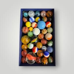 VTG  Glass Marbles Lot - 40 pcs Mixed Sizes Swirls Cat’s Eye Shooter Collectible